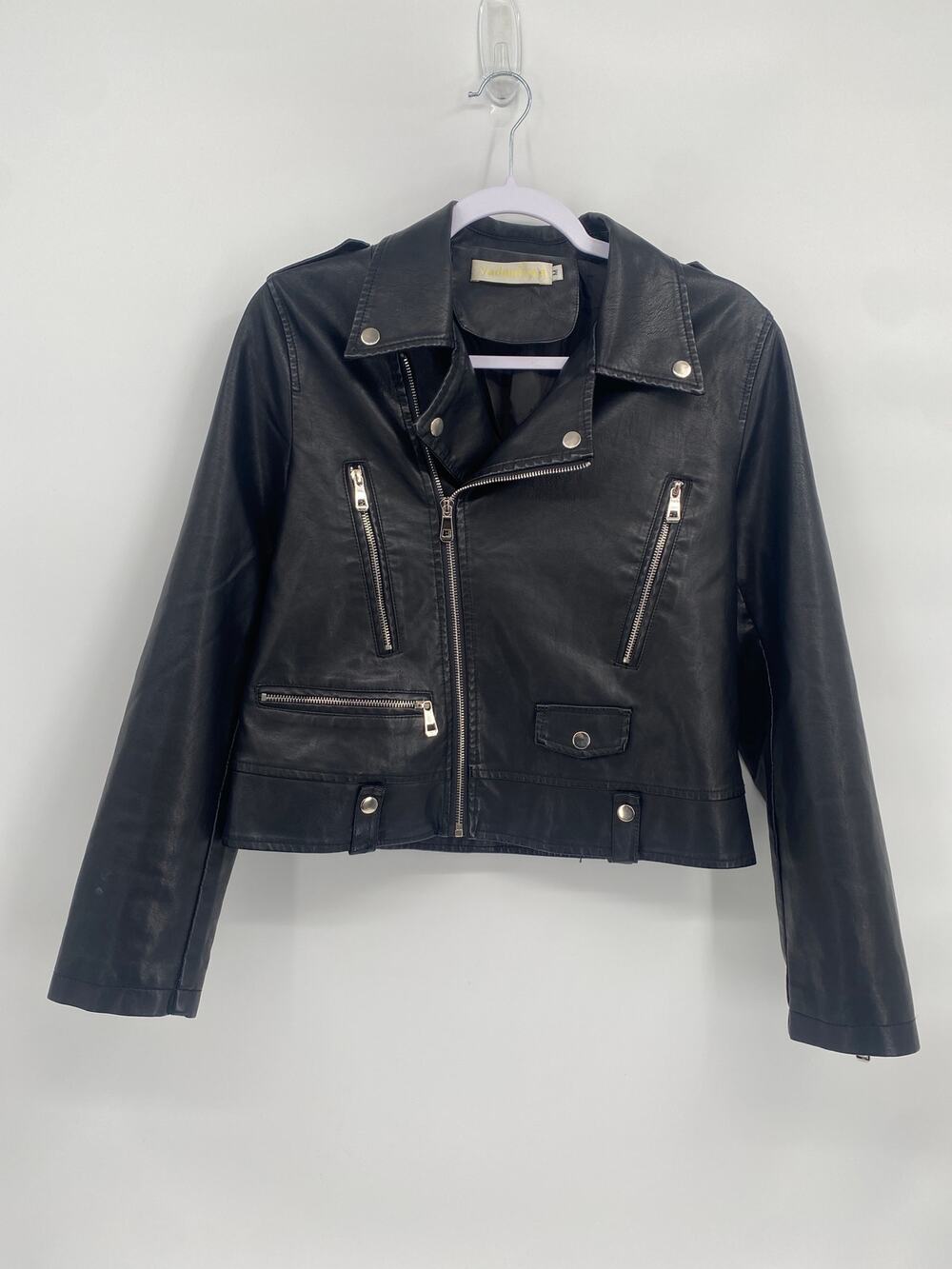 yadanluwa Black Cropped Bomber Motorcycle Jacket M